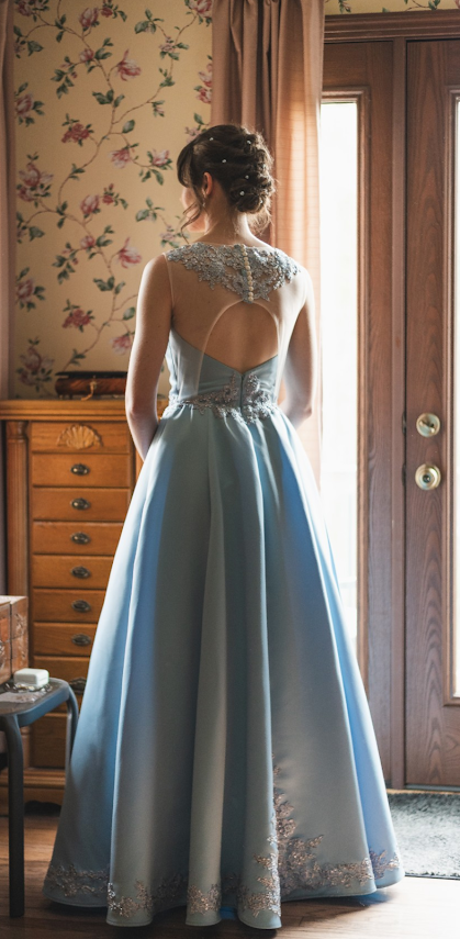 Bride in powder blue ballgown with lace back detail