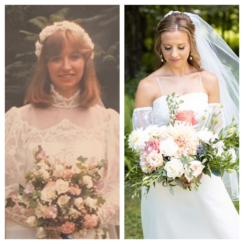 Before and after: 1980s lace bridal gown repurposed into an elegant modern off-shoulder gown