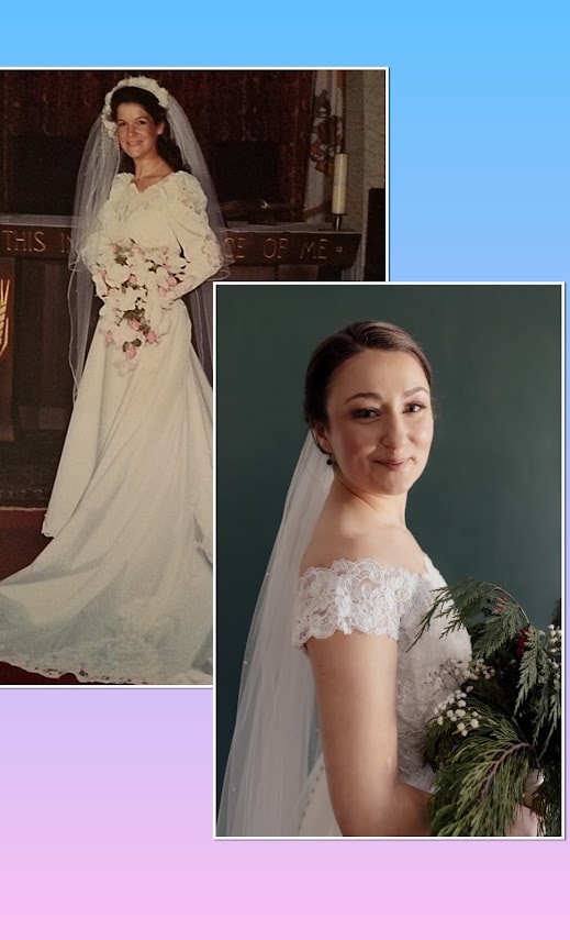 Before and after: vintage church wedding gown transformed into a modern off-shoulder lace bridal look
