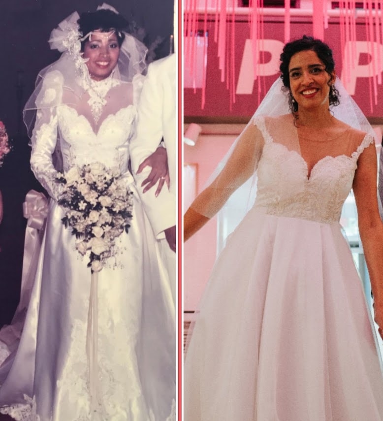 Before and after: 1980s satin wedding gown repurposed into a full ballgown silhouette